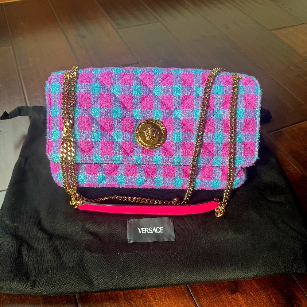 Versace Medusa Tweed Pink and Blue Shoulder Bag